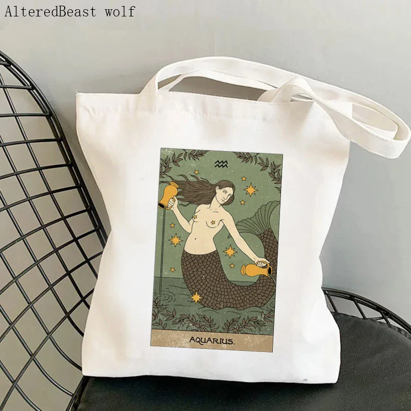 

Women Shopper bag Aquarius Mermaid Tarot Printed Bag Harajuku Shopping Canvas Shopper Bag girl handbag Tote Shoulder Lady Bag