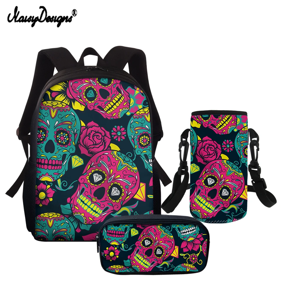 

Noisydesigns Teenager Boys Girls Schoolbags Floral Skull Printing Kids School Backpacks Children Orthopedic BookBags 3Pcs/set