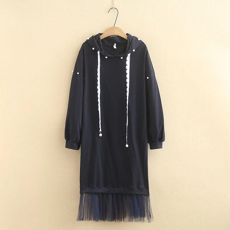 

Plus Size XL-4XL Navy Blue Autumn Winter Midi Dress Hooded Pullover Casual Beading Outwear