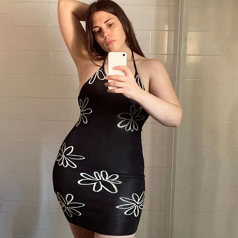 

2021 Summer Floral Backless Knitted Bodycon Dress Women Halter Neck Y2K Sexy Sleeveless Beach Vintage Mini Dresses Party