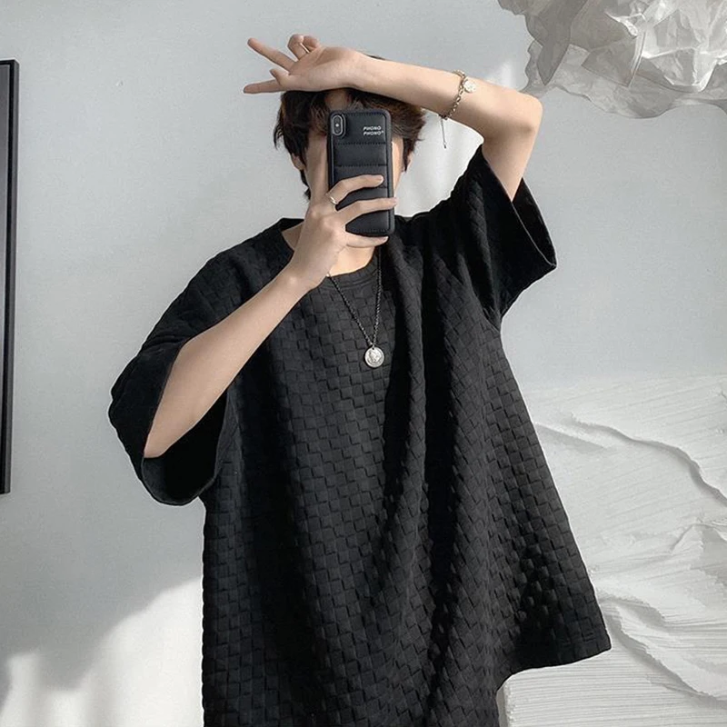 Футболка мужская с вафельным принтом свободная повседневная рубашка оверсайз в