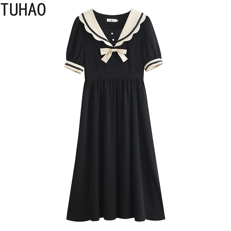 

TUHAO Sweet Vintage Dress Peter Pan Collar Short Sleeve Dresses for Women High Waist Slim Casual Vestidos Korean Elegant Dresses