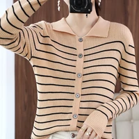 knitted cardigan womens french retro stripes autumn new polo collar sweater gentle temperament loose korean jacket long sleeves