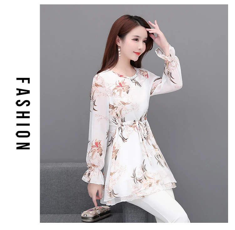 Шифоновые блузки, рубашки 5XL 4XL размера плюс, женская одежда для офиса, для женщин, для работы, тонкая талия, живот, цветочный принт, туника, топ, блузка 6985 50