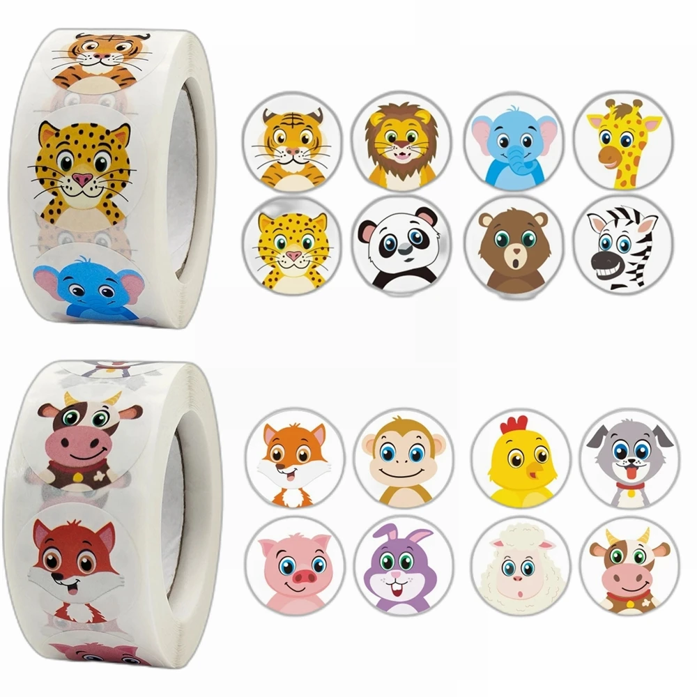 

100-500 шт., детские круглые наклейки с мультяшными животными