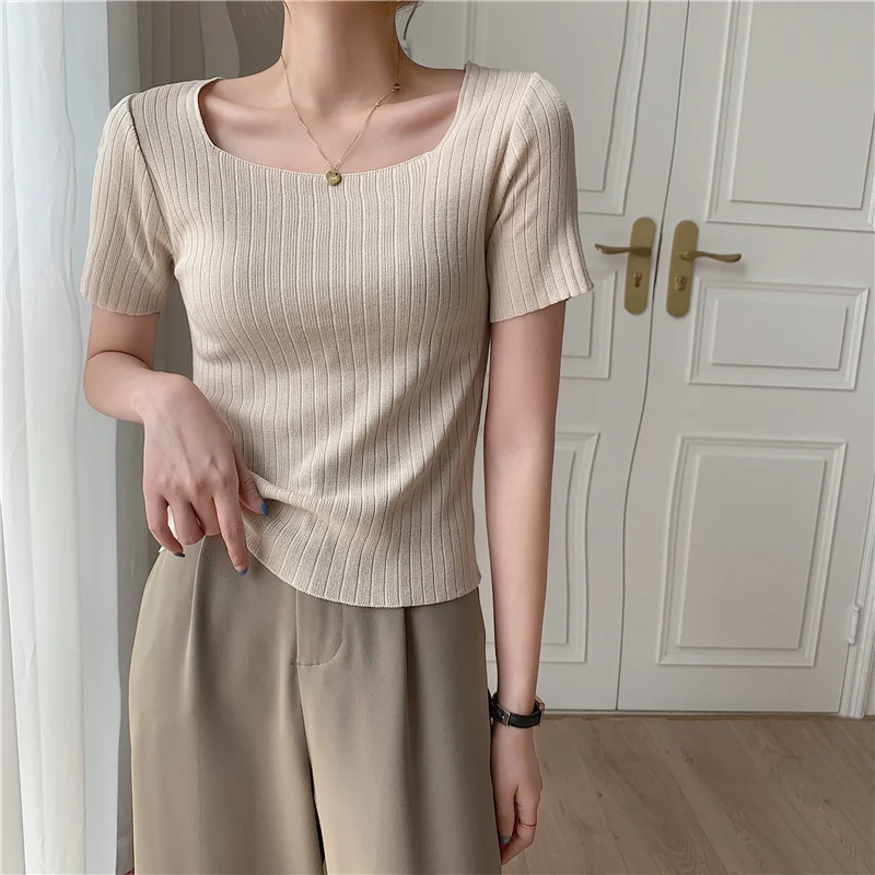 Шикарный квадратный воротник вязаный свитер для женщин модные футболки девочек