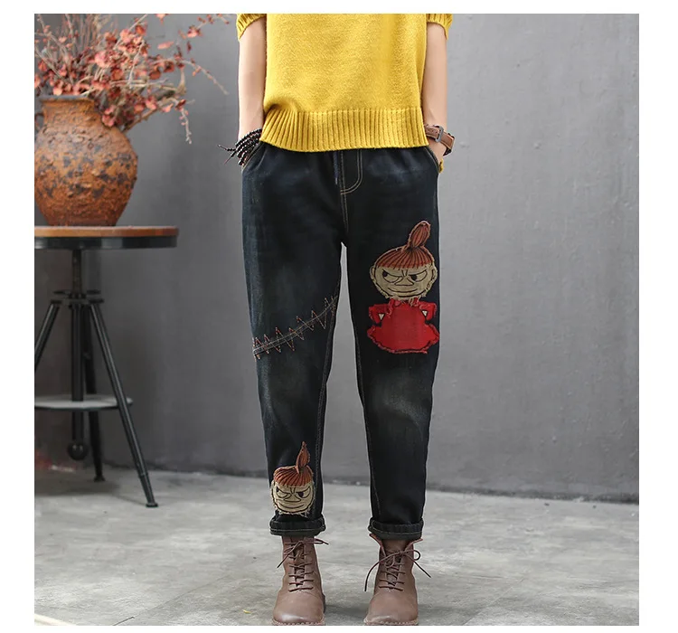 Осень зима джинсы для женщин в стиле ретро из плотного флиса Теплые джинсовые