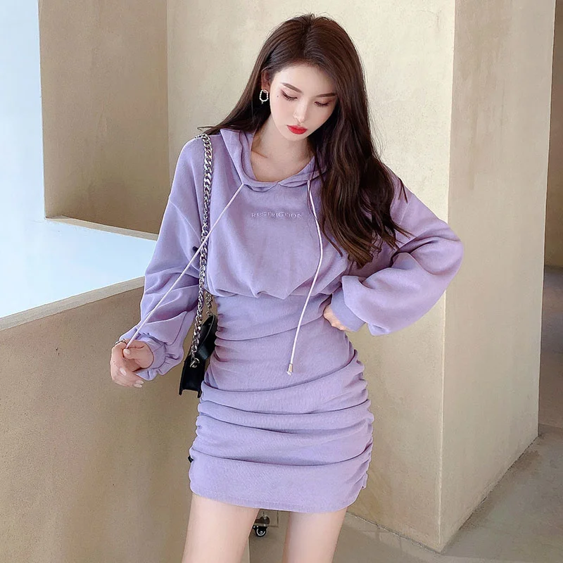 

Minivestido plisado de длинная манга для женщин, ropa de Street femenina, с капюшоном, a la cadera, color morado, для отопления e