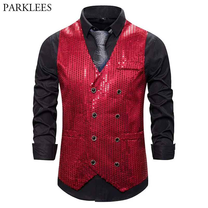 

Fashion Luxury Sequin Men Vest Slim Fit Double Breast Waistcoat Wedding Party Dance Singer Stage Mens Vest Casual Vest Hombre