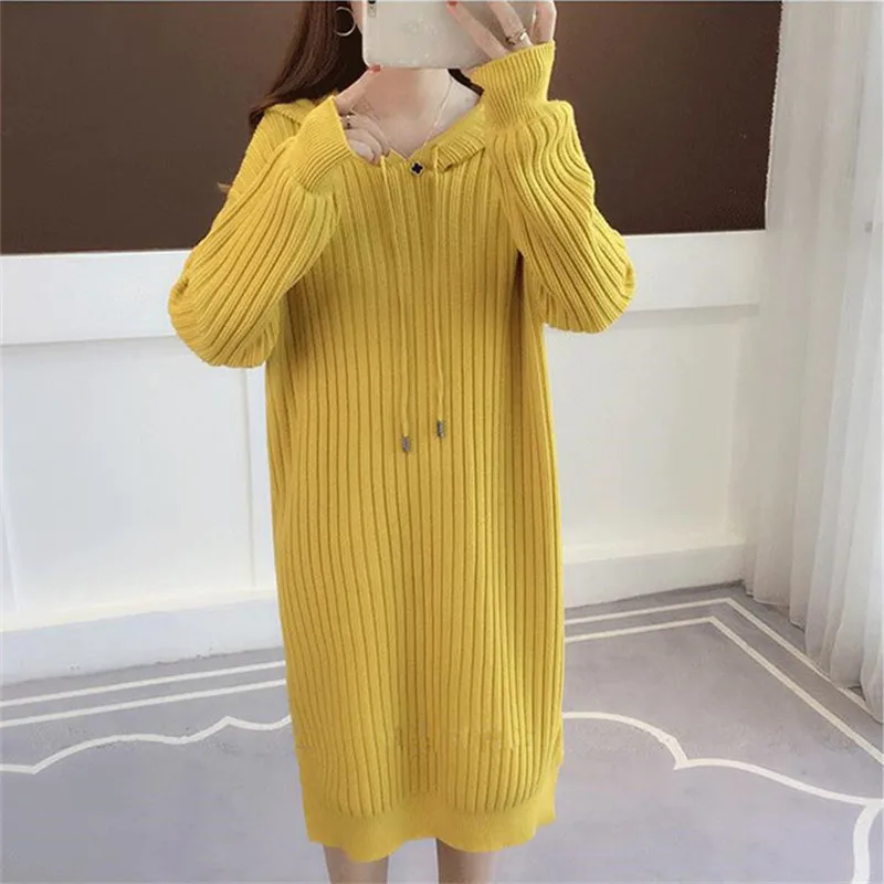 

Autumn Winter Mid-length Women Hooded Knitted Sweater Dress Khaki Black Beige Pull Jumpers Long Sleeve Knitwear Pullover Tops