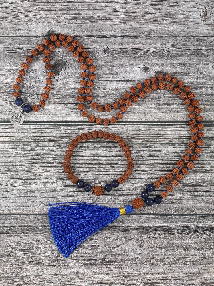 

YUOKIAA Rudraksha Lapis Lazuli Mala 108 бусины ожерелье и Будда эластичные веревочные браслеты для женщин мужчин Jwelry набор молитва Japamala