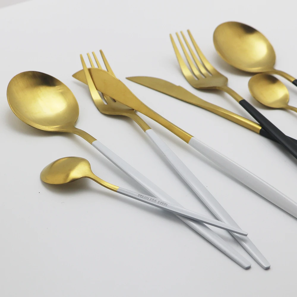24Pcs Black Gold Matte Dinnerware Set Knife Fork Spoon Silverware Cutlery Stainless Steel Flatware Tableware | Дом и сад