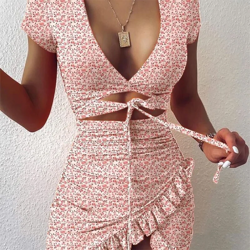 

WEPBEL Women's Sexy Printed Dress Summer V-neck Lace Up Pleated Hollow Out Ruffle Stitching High Waist Slit Irregular Dress