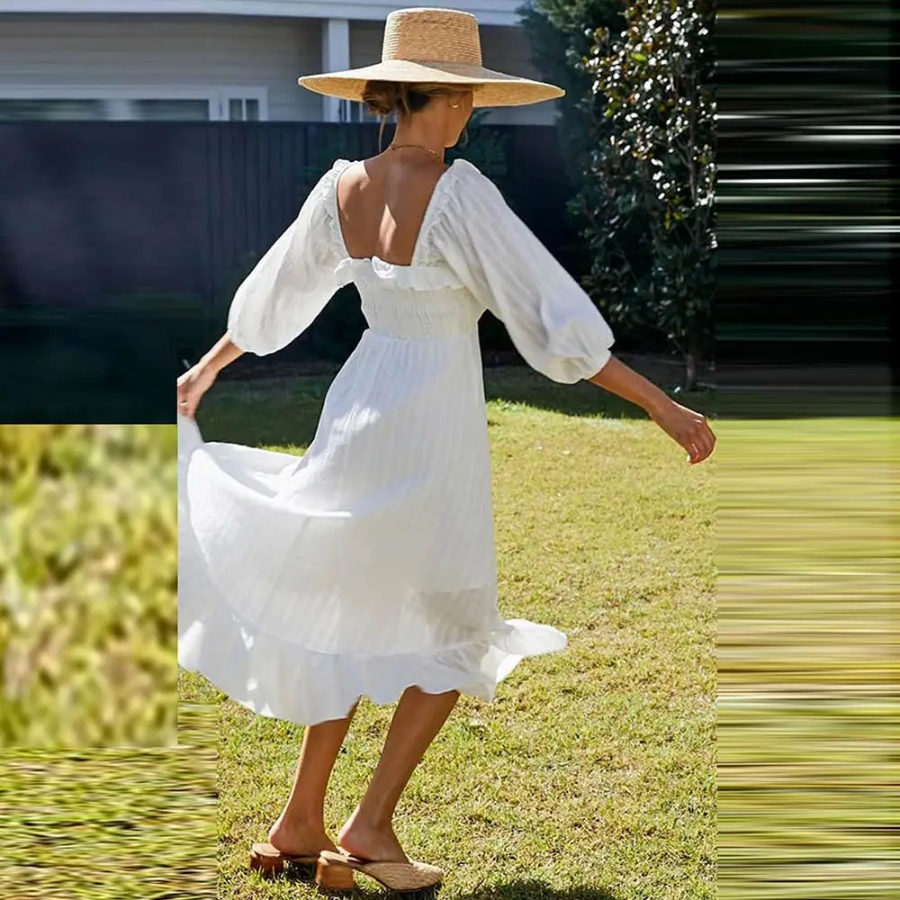 

Soolasea 2021 Ruffles Bandage Dress Summer White Square Collar Ladies Casual 3/4 Sleeve A Line Chic Party Midi Dress Vestidos