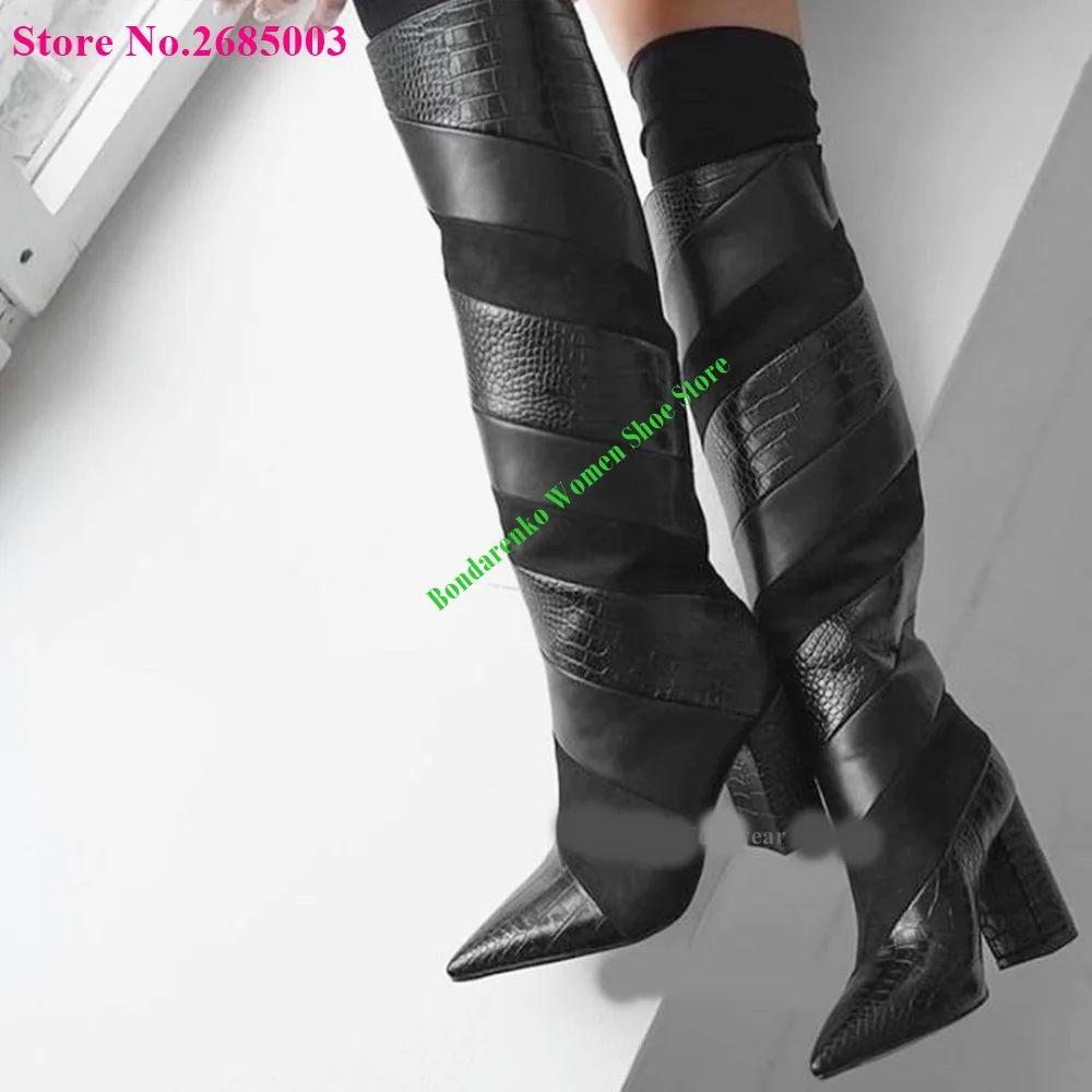 

Pointed Toe Chunky Heel Boots Patchwork Over The Knee Slip On Fashion Women Autume Winter Party Dress Boots Shoes