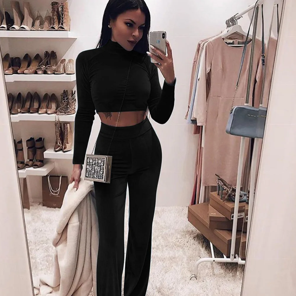 

Velvet two-piece high-necked sportswear pink long-sleeved crop top flared pants autumn women street casual wear pink thin suit