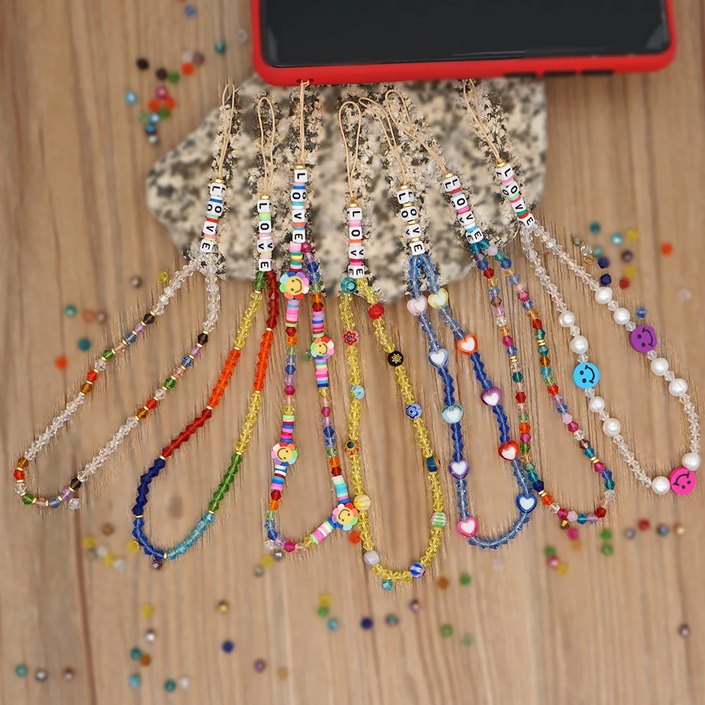 

New Fashion Mobile Phone Chain Acrylic Letter Beads Short Crystal Cell Phone Rope Bracelet Chains Lanyard