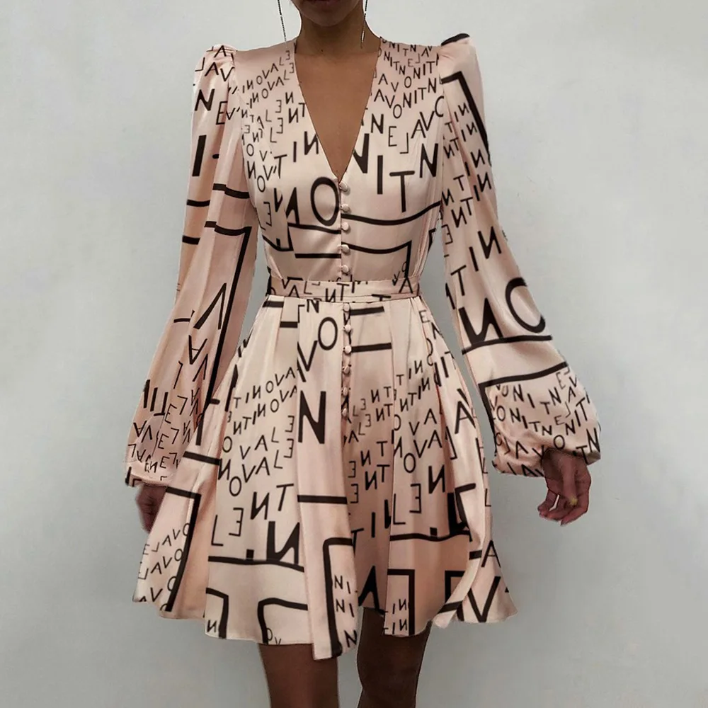 

2021 Spring Stain Sexy Dress Women Mini V-Neck Tunic High Waist A Line Lantern Long Sleeve Floral Print Vintage Streetwear