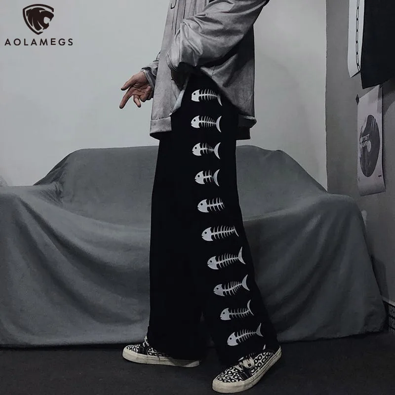 

Aolamegs Hip Hop Men Pants Gothic Diablo Sweatpants Fish Bone Flame Print Retro Streetwear Casual Straight Anime Jogger Trousers
