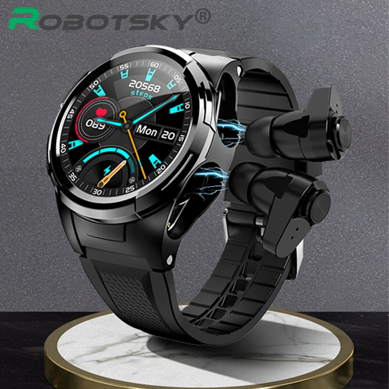 Мужские спортивные Смарт часы 2 в 1 с Bluetooth наушники для фитнеса монитор