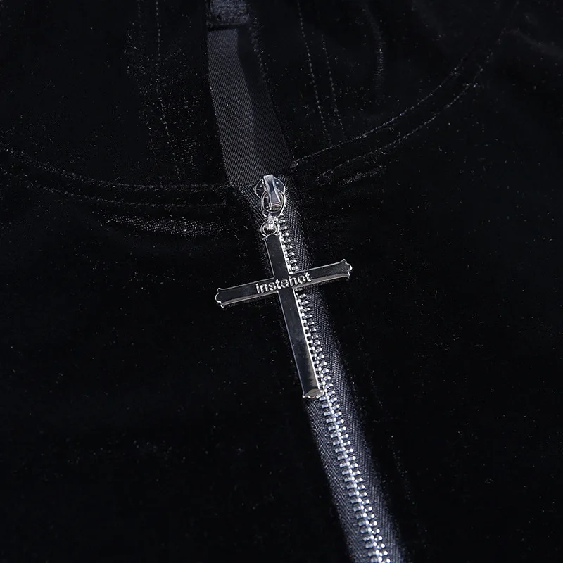 

Halloween Gothic Punk Style Long Hooded School Style Women Split-Forked Slim Hip Hop Velvet Cloak Warm Irregular Sweatshirt