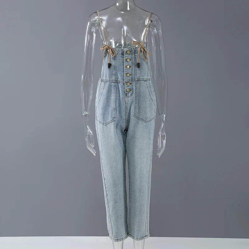 

Fresh High Waist Bandage Denim Overalls for Women Loose Casual Stright Silm Belt Jeans Fashion All-match Pants 2021 Summer New