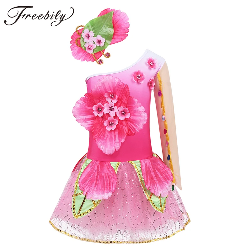 

Kids One Shoulder Long Sleeves 3D Flower Mesh Tutu Ballet Dress Girls Gymnastics Leotard Child Modern Performance Dance Costume