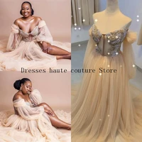 sexy african black girls champagne ruffled prom dresses off shoulder long sleeve lace beaded tulle long party evening gowns