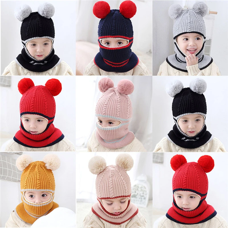 

Winter Toddler Baby Boys Girls hats infant Knitted wool fitted soft keep warm scarf One-piece hats with pom poms Beanie Cap A40