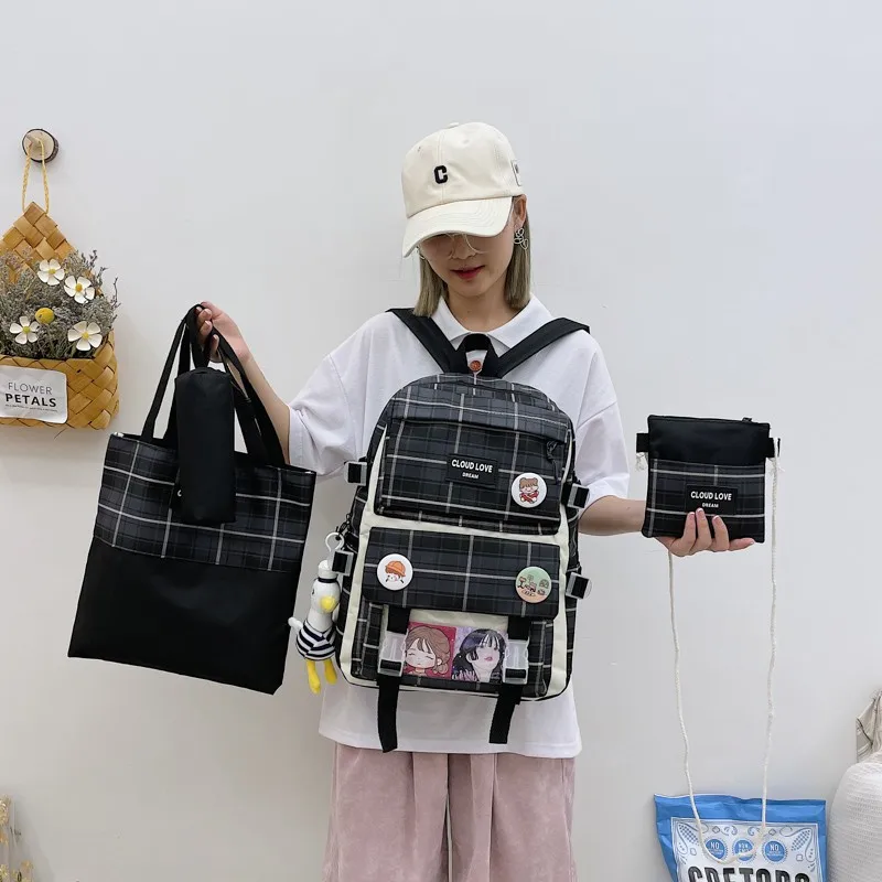 Комплект из 4 предметов, Модный женский рюкзак, школьная сумка с куклой каваи и подвеской для девочек, вместительные водонепроницаемые сумк...