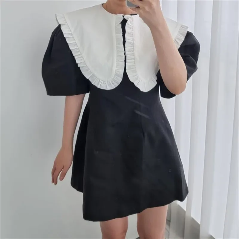 

Sweet Korean Chic Doll Collar Mini Dress Women Japanese Puff Sleeve Slim Office Dress Vintage A-Line Pparty Summer Sundress Robe
