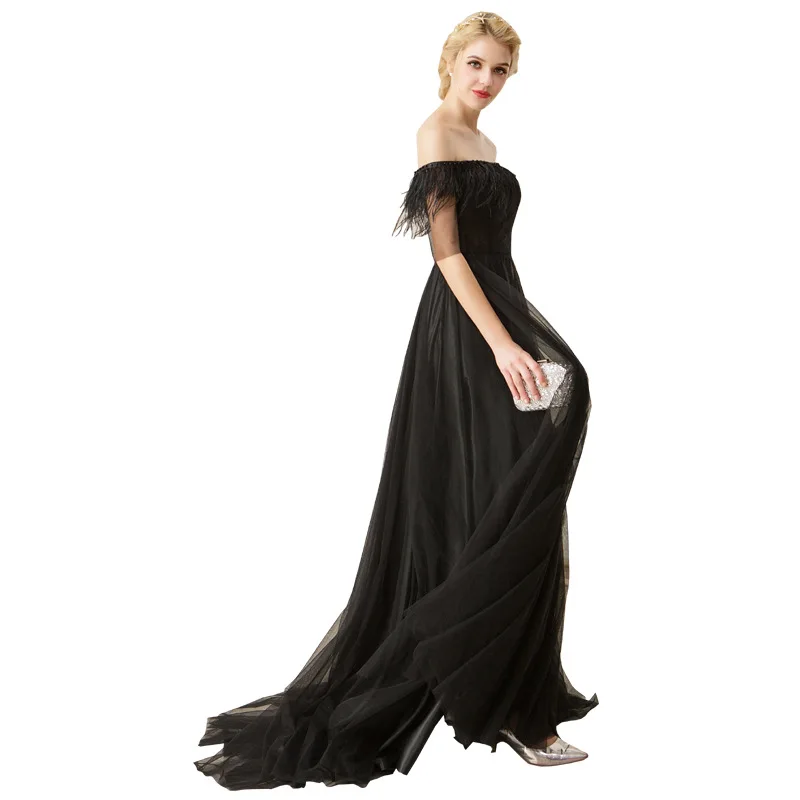 

Black Feather Evening Dress Women 2019 New Banquet Elegant Sexy off-Shoulder Long Party Dress