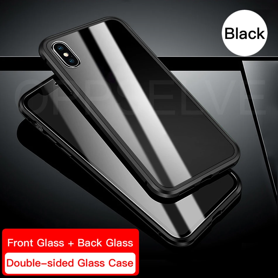 Oppselve Магнитный чехол для iPhone XR XS MAX X 8 7 6 6S Plus, двусторонний металлический чехол из закаленного стекла, магнитный чехол s, чехол Capinhas - Цвет: Transparent Black