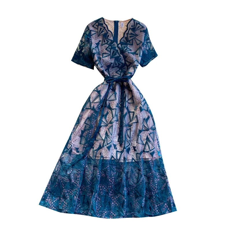

Retro Mesh Embroidery Dress Women V Neck Short Sleeve Lace Up A-line Dress Summer High Quality Elegant Vacation Dress