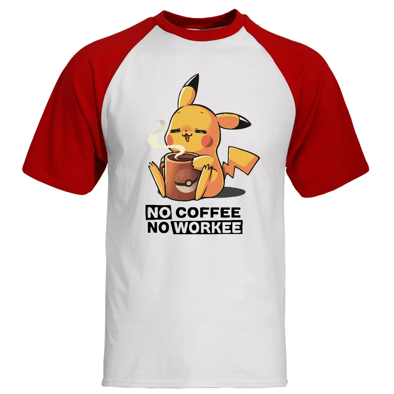 Pikachu No coffee No Workee, Мужская Футболка реглан, Kawaii, летние топы из хлопка с коротким рукавом, свободные милые футболки с японским аниме