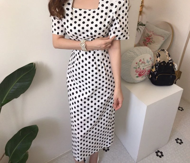 

French style Summer Women Casual Polka Dot Print A-Line Party Dresses Eleagnt lace-up Slim Dress Fashion short sleeves