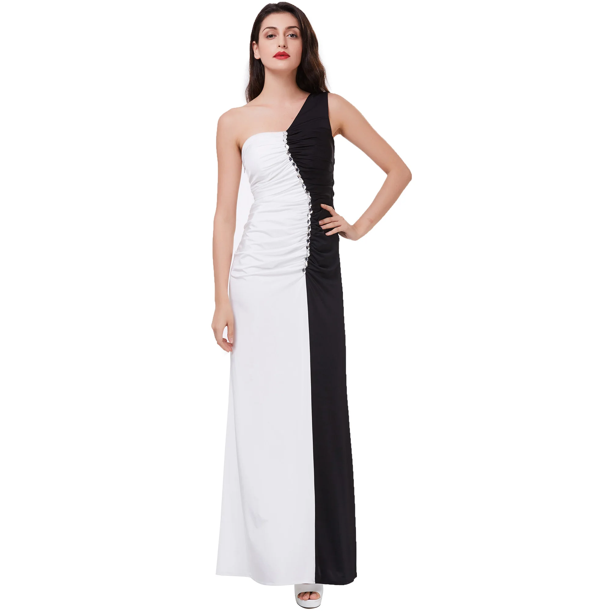 

Dressv Элегантное Черное и белое длинное вечернее платье на одно плечо с бусинами, платье знаменитостей, вечернее платье с колонной, вечерние п...