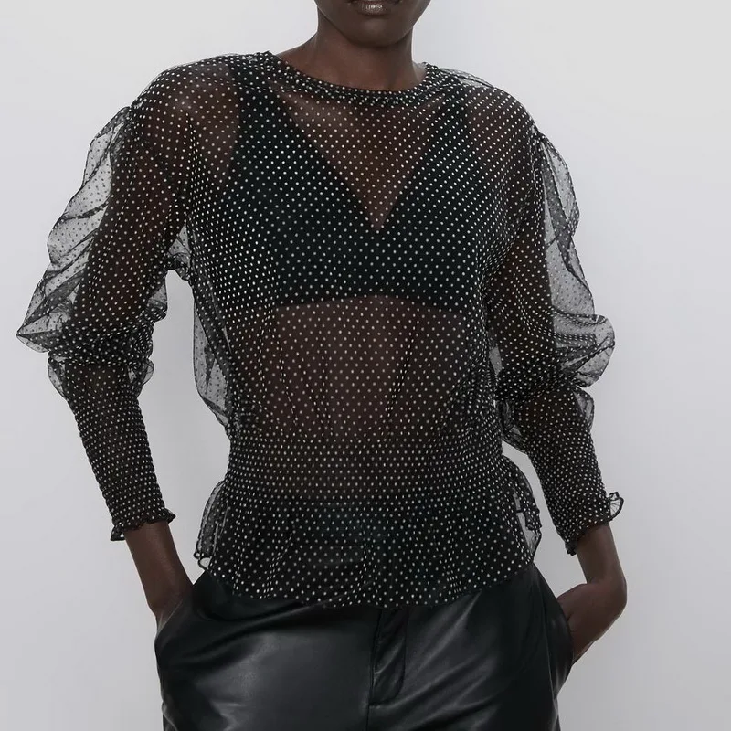 Прозрачная женская блузка Осень 2019 Новая модная черная рубашка в горошек