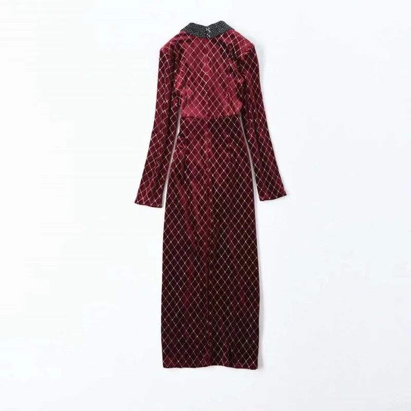

High Quality Brand Velvet Dress 2020 Winter Christmas Party Women Notched Collar Geometric Patterns Beading Button Midi Dress