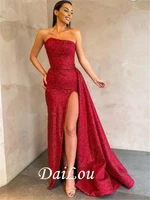 sexy strapless floor length zipper red sequins formal evening prom dress 2021