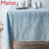 japanese style cotton linen tablecloth blue striped plaid embroidered rectangular table cloth banquet decoration