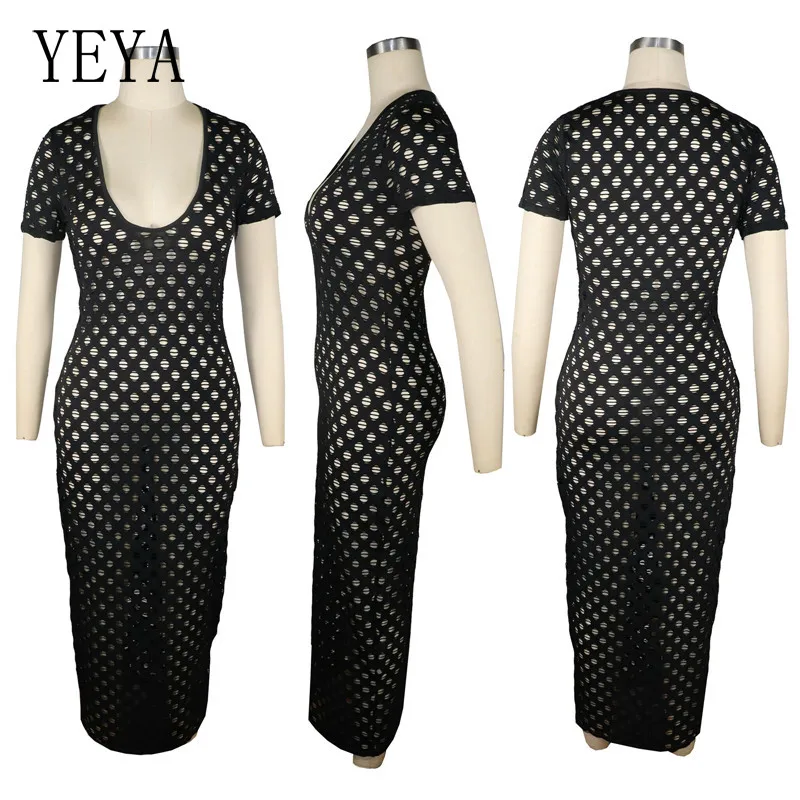

YEYA Elegant Women Party Dresses Long Sleeve Mesh See Through Hollow Out Deep V Neck Nightclub Temperament Chic Loose Bodycon