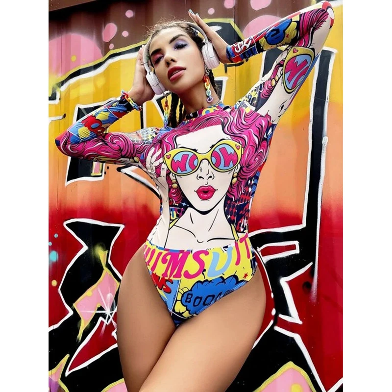 

Женский пляжный купальник и бикини, Корейская одежда 2021 больших размеров, новый цельный костюм с абстрактным принтом и длинным рукавом, кос...