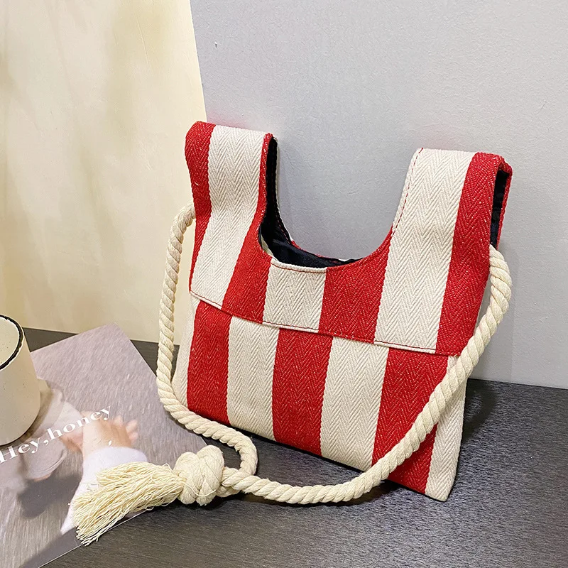 

Женские сумки-мессенджеры на ремне, винтажная литературная Холщовая Сумка в полоску, повседневные вместительные тоуты с узелком из пеньков...