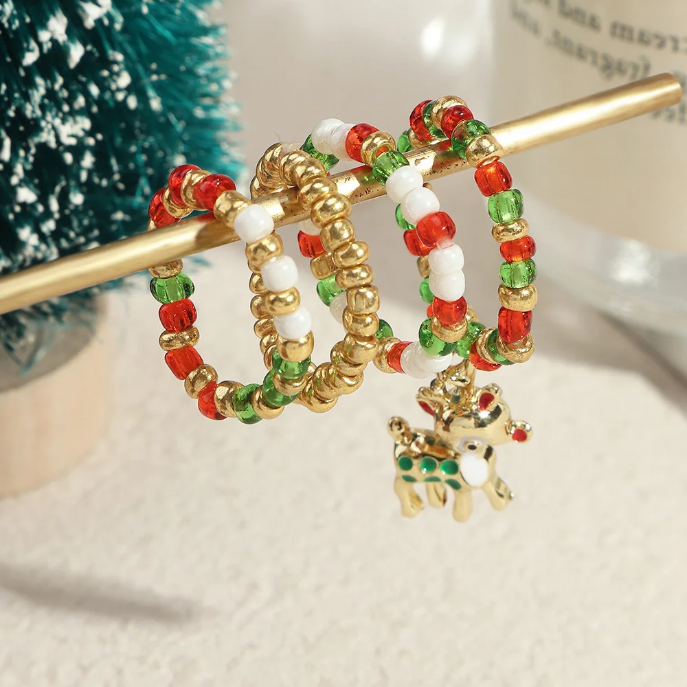 

Кольца с бусинами в богемном стиле для женщин, бижутерия на Рождество, кольцо ручной работы с красными и зелеными бусинами, подарочный набор...