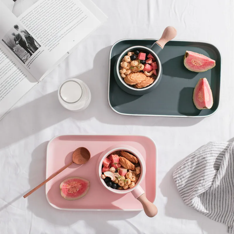 

Korean And Japanese Style Ceramic Plate Milk Bowl With Wood Handle Milk Bread Western Dish Tableware Decoration