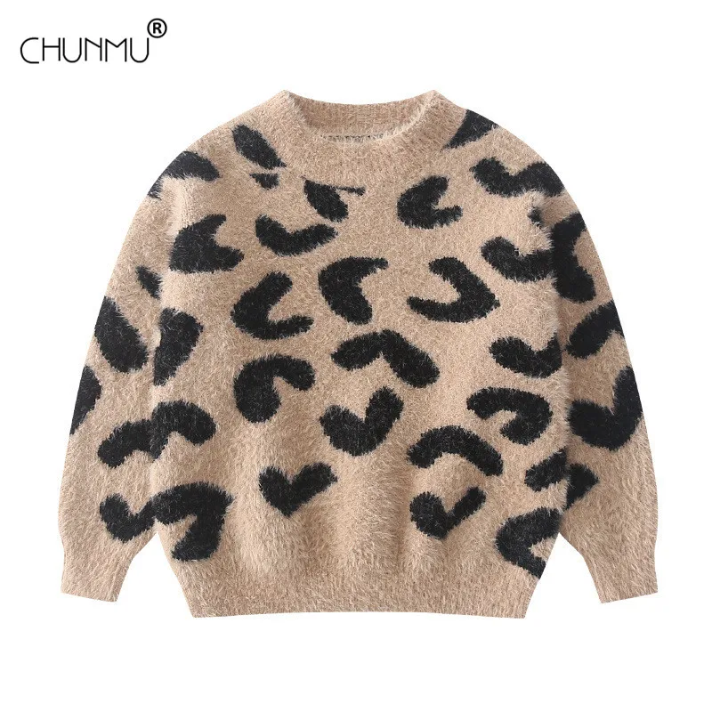 

Осенний свитер для девочек; Одежда с длинными рукавами для девочек; Детская кашемировая одежда из норки для девочек; Детский модный Леопард...