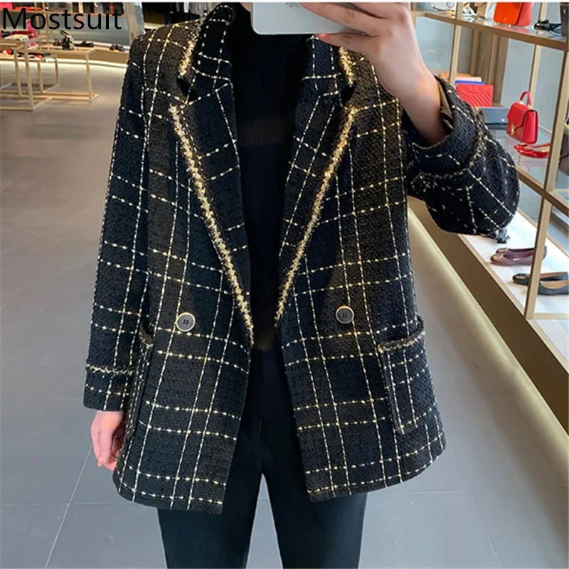 

Korean Vintage Plaid Tweed Suit Blazers Women 2020 Autumn Long Sleeve Notched Collar Streetwear Coats Elegant Ladies Jackets