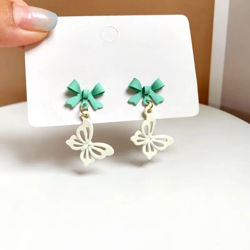 

S925 Silver Needle Korean Forest Fresh Green Bow Earrings Beautiful Butterfly Ear Jewelry Sweet for Woman Ear Clip Female 2021