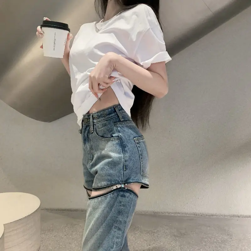 

Women's Straight Jeans Retro High Waist Slim Loose Ripped Wide-Leg Trousers Spring Autumn New Korean Style Denim Pants